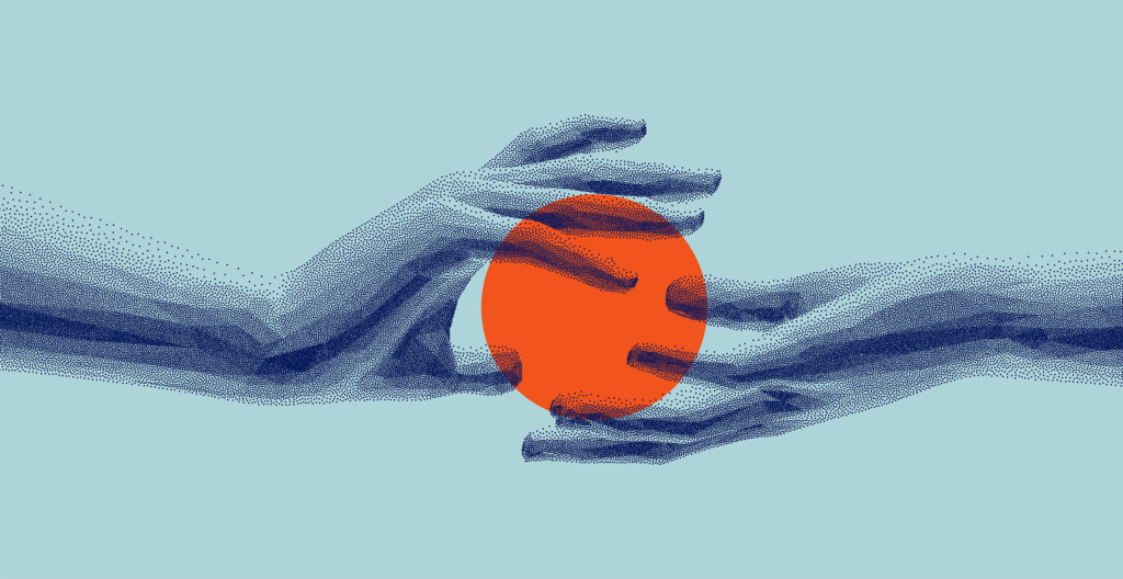 An illustration of hands reaching toward one another to grasp an object where they meet, representing potential in nonprofit and corporate CSR partnerships.