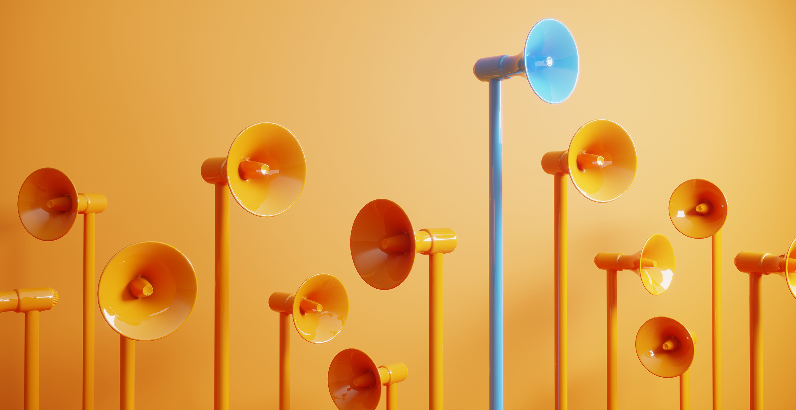 A group of megaphones, all bright orange, with one towering megaphone standing out in bright blue, representing telling a smarter story to maximize fundraising.